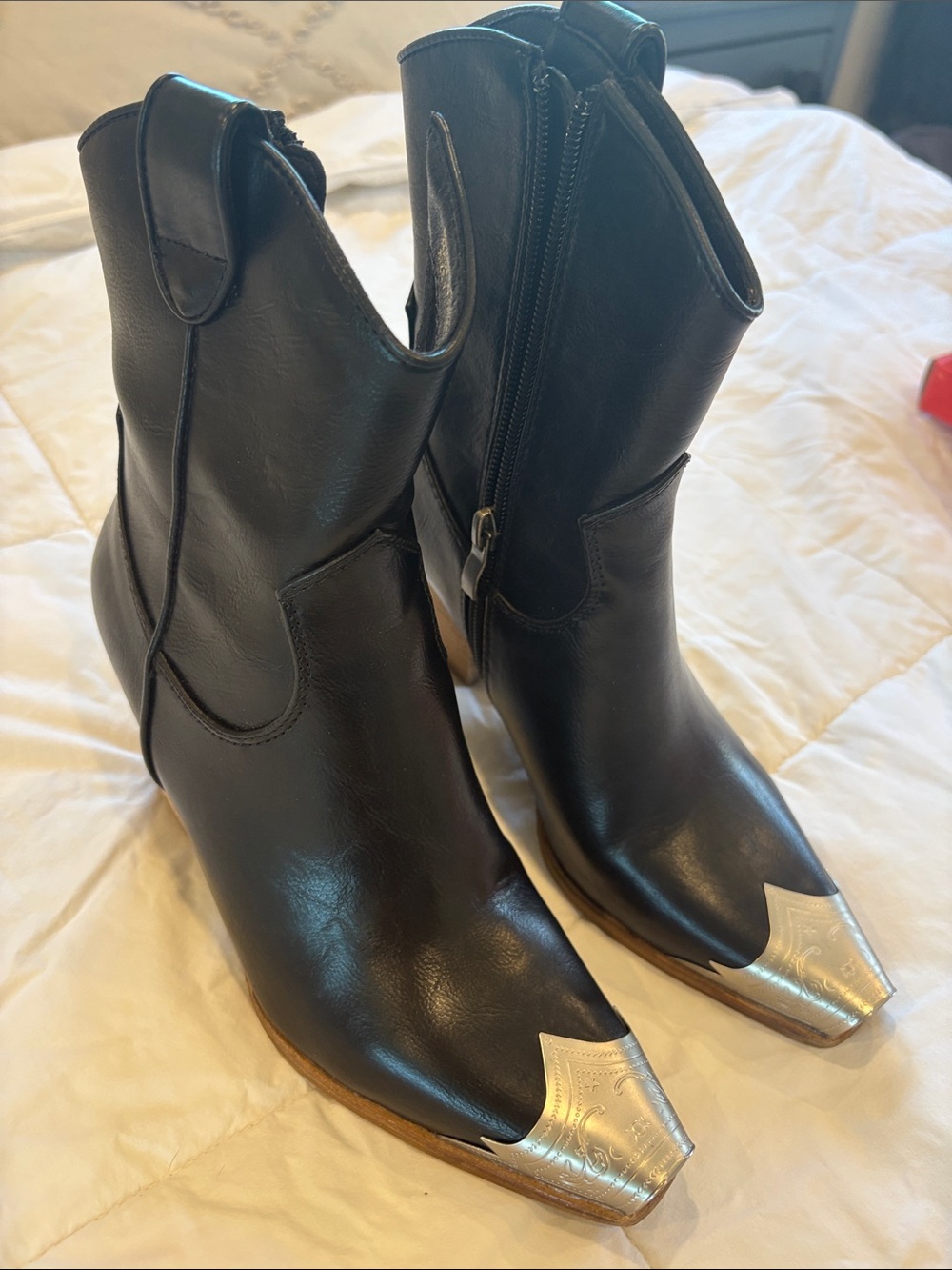 BEAST FASHION Black Leather Western Ankle Boots with Silver Toe Caps